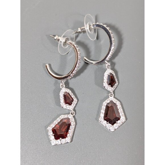 Bomb Party Earrings Simulated Ruby Red Dangle Hoop Earrings Birthstone - Picture 2 of 8